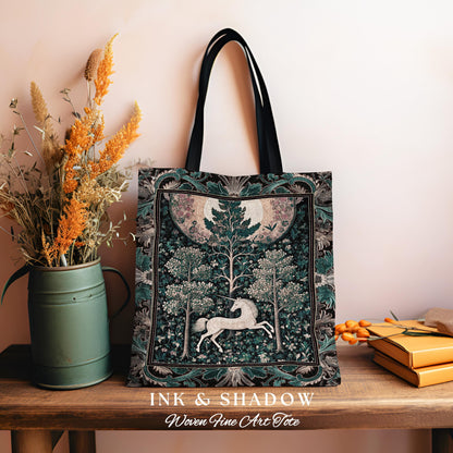 Moonlit Forest Mystical Unicorn Tapestry Bag Medieval Fairycore Decor | Renaissance Whimsical Gothic Aesthetic Woven Shoulder Bag Forestcore