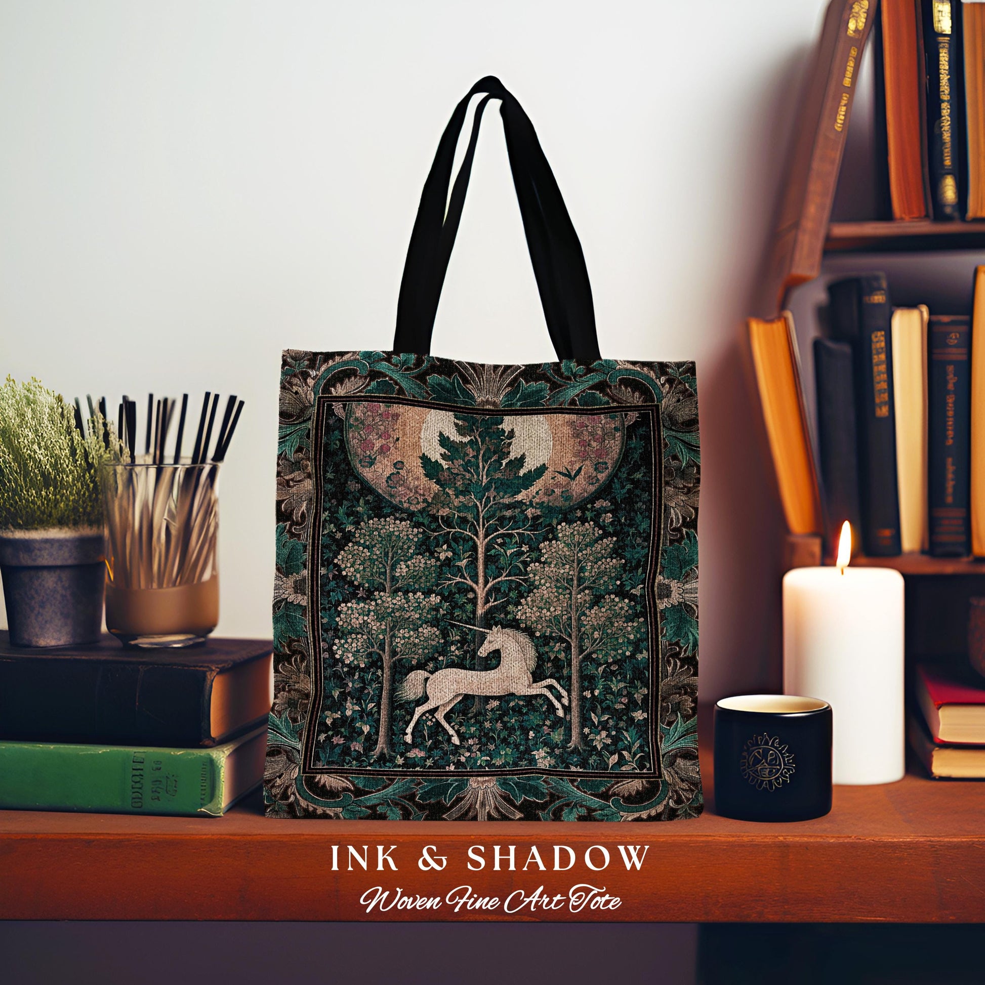 Moonlit Forest Mystical Unicorn Tapestry Bag Medieval Fairycore Decor | Renaissance Whimsical Gothic Aesthetic Woven Shoulder Bag Forestcore