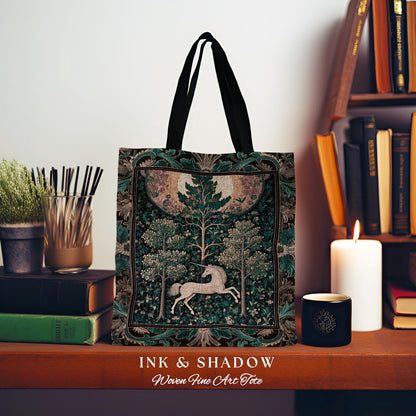 Moonlit Forest Mystical Unicorn Tapestry Bag Medieval Fairycore Decor | Renaissance Whimsical Gothic Aesthetic Woven Shoulder Bag Forestcore