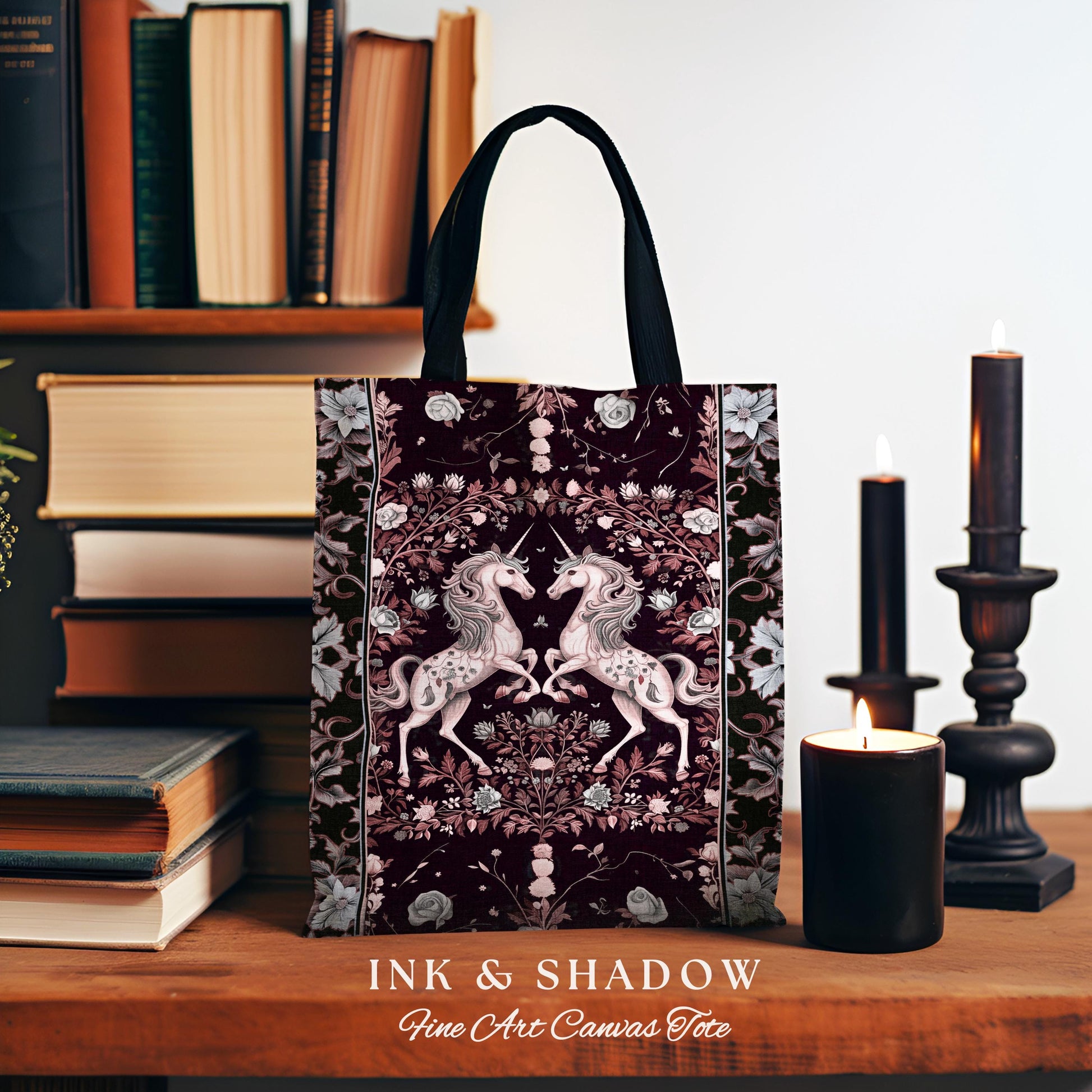 Dark Fairytale Unicorn Bag | Whimsical Fairycore Woven Tapestry Tote Victorian Gothic Floral Tapestry Tote Baroque Romantic Mystic Tote |