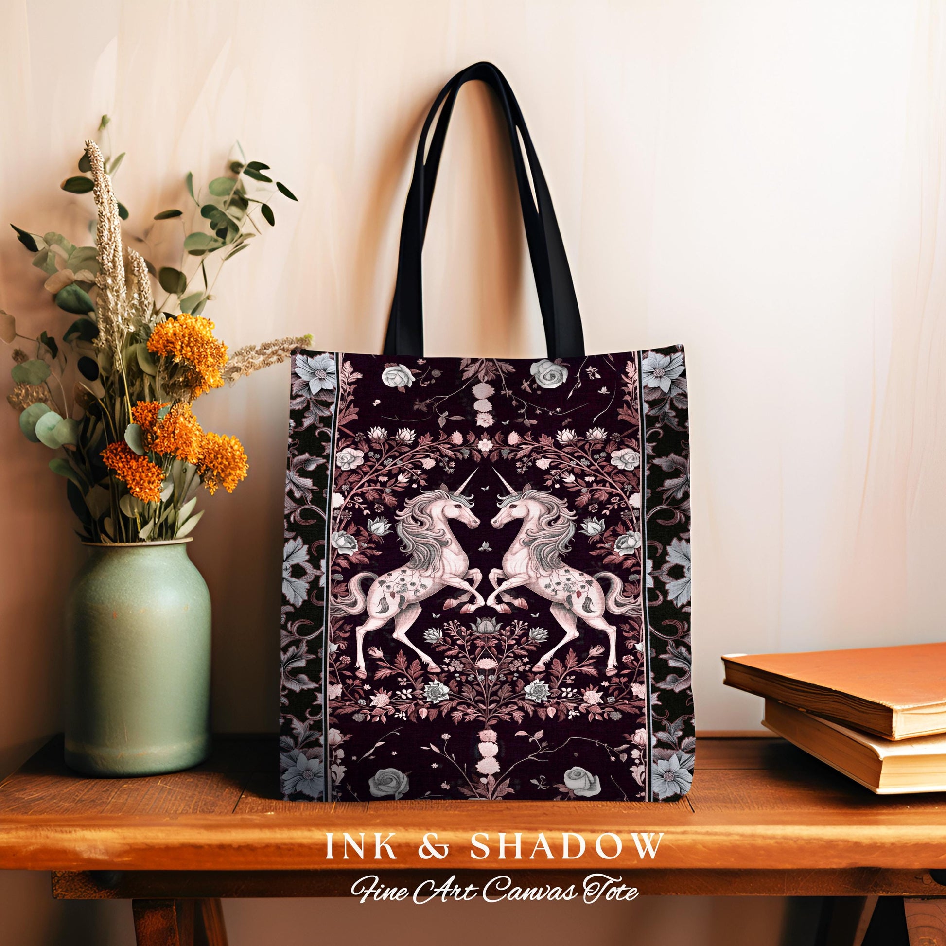 Dark Fairytale Unicorn Bag | Whimsical Fairycore Woven Tapestry Tote Victorian Gothic Floral Tapestry Tote Baroque Romantic Mystic Tote |