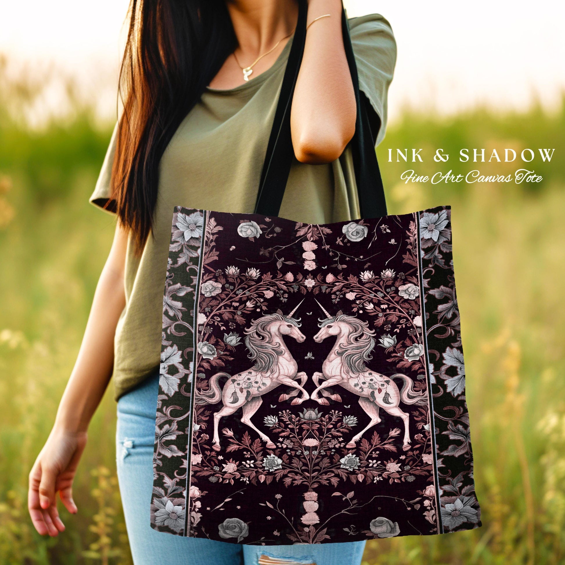 Dark Fairytale Unicorn Bag | Whimsical Fairycore Woven Tapestry Tote Victorian Gothic Floral Tapestry Tote Baroque Romantic Mystic Tote |