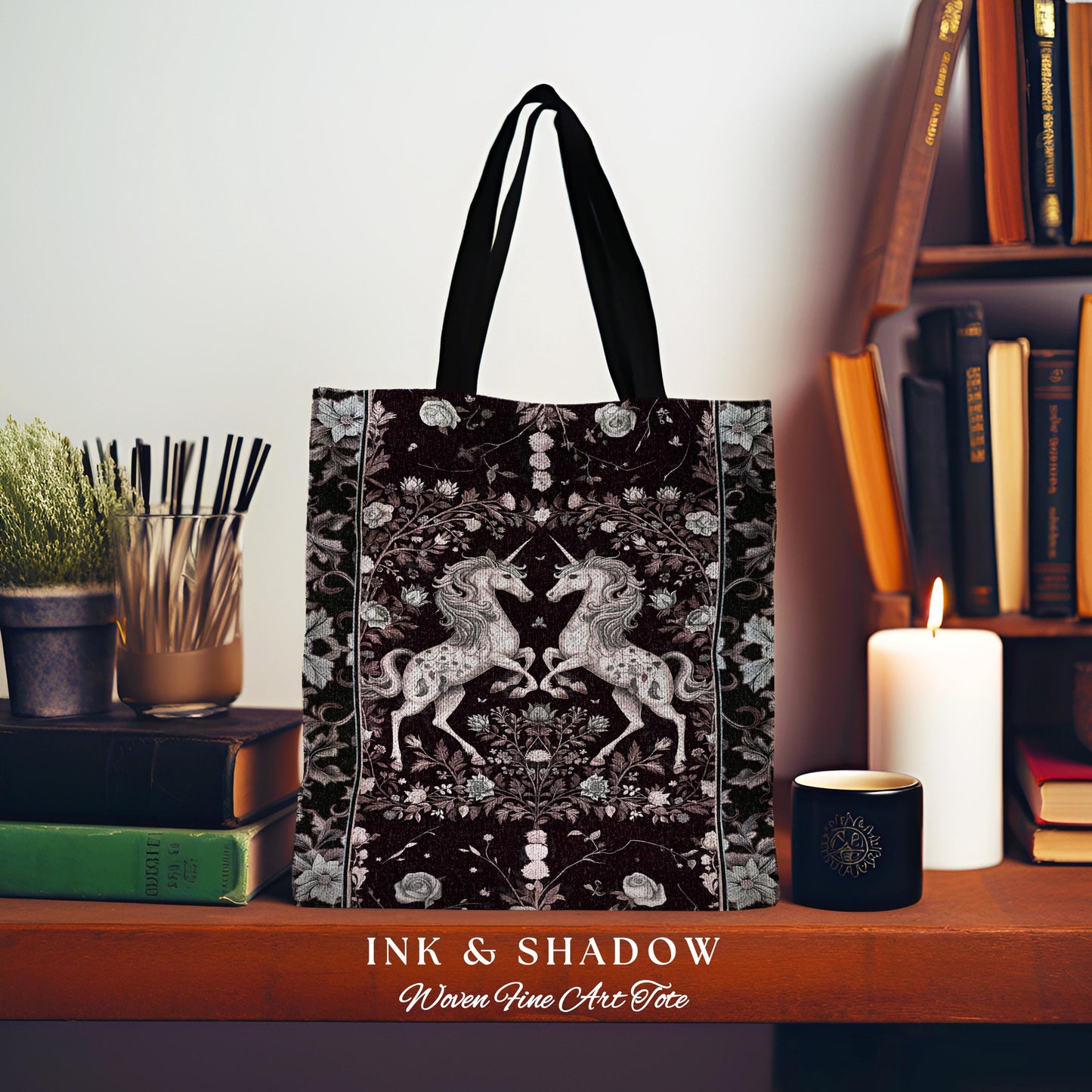 Dark Fairytale Unicorn Bag | Whimsical Fairycore Woven Tapestry Tote Victorian Gothic Floral Tapestry Tote Baroque Romantic Mystic Tote |