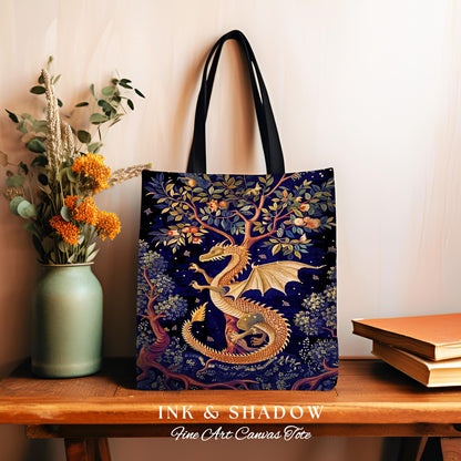 Enchanted Dragon Magical Tote Bag | Bohemian Cottagecore Mystic Tapestry Tote Whimsical Celestial Dark Academia Art Fantasy Eclectic Purple