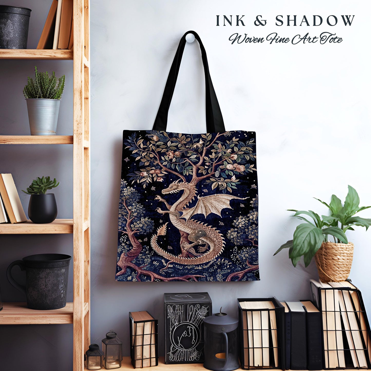 Enchanted Dragon Magical Tote Bag | Bohemian Cottagecore Mystic Tapestry Tote Whimsical Celestial Dark Academia Art Fantasy Eclectic Purple