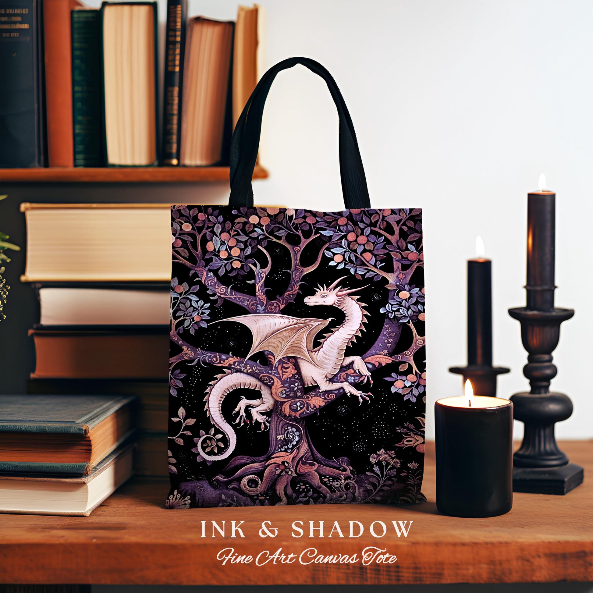 Bohemian Mystic Dragon Tapestry Tote Whimsical Celestial Night Dark Nature Art | Boho Fantasy Eclectic Dark Purple Mystic Forestcore Bag |