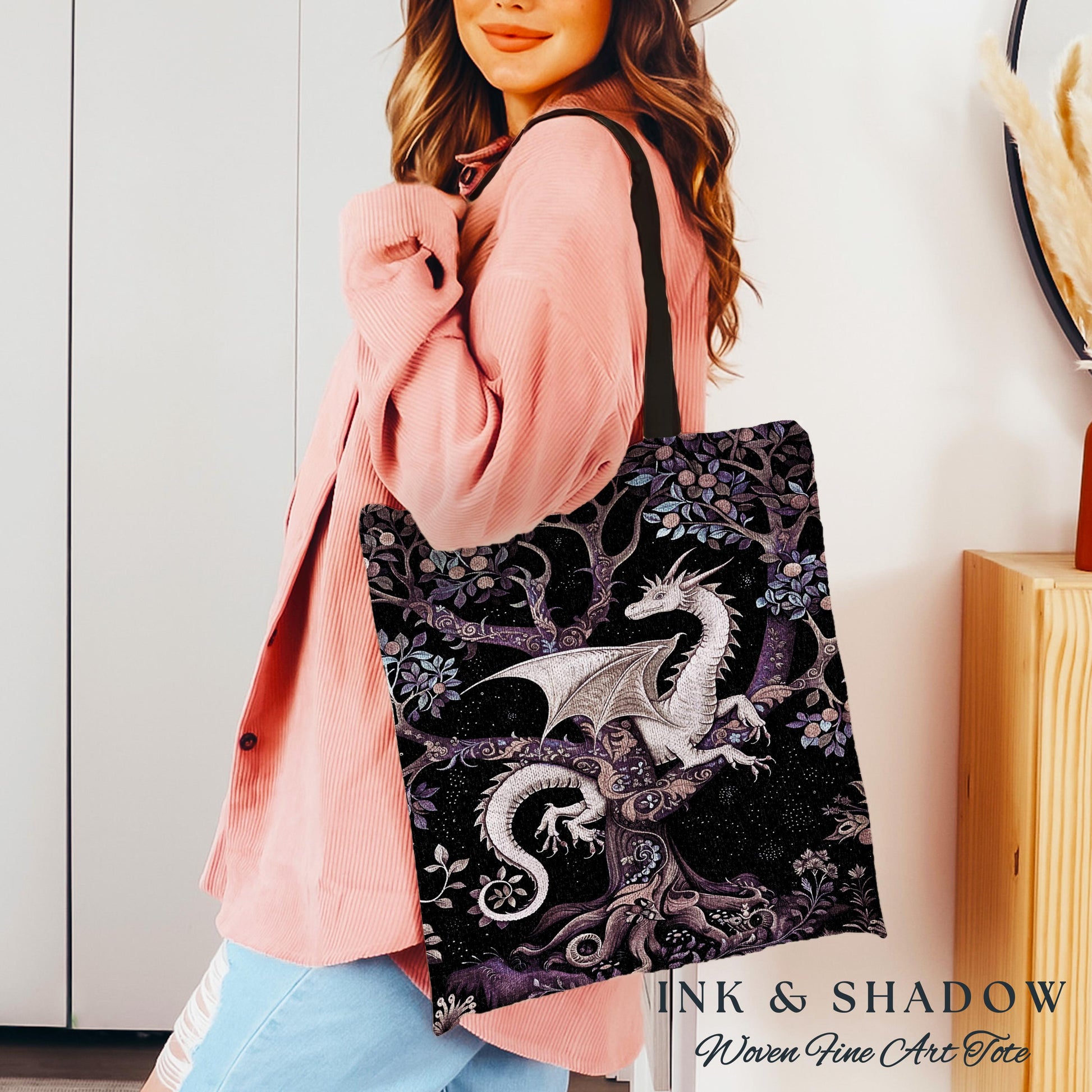 Bohemian Mystic Dragon Tapestry Tote Whimsical Celestial Night Dark Nature Art | Boho Fantasy Eclectic Dark Purple Mystic Forestcore Bag |