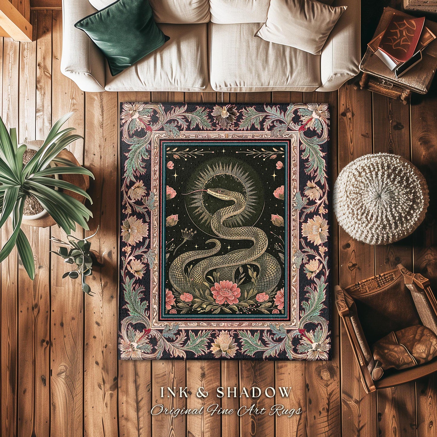 Victorian Rose Serpent Rug Romantic Cottagecore Floral Decor | Enchanted Baroque Snake Art Dark Academia Gothic Pink Fairycore Goblincore