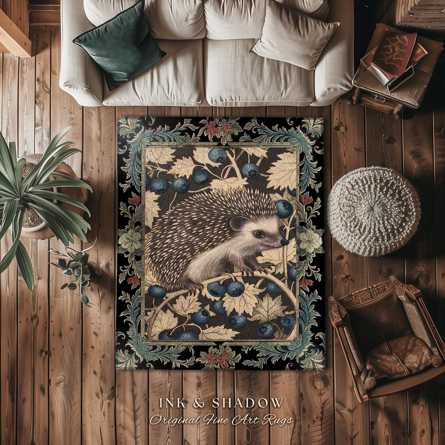 Victorian Gothic Hedgehog Rug | Dark Woodland Autumn Aesthetic Cozy Cottagecore Book Nook Accent Rug Dark Fairycore Room Hedgehog Lover |