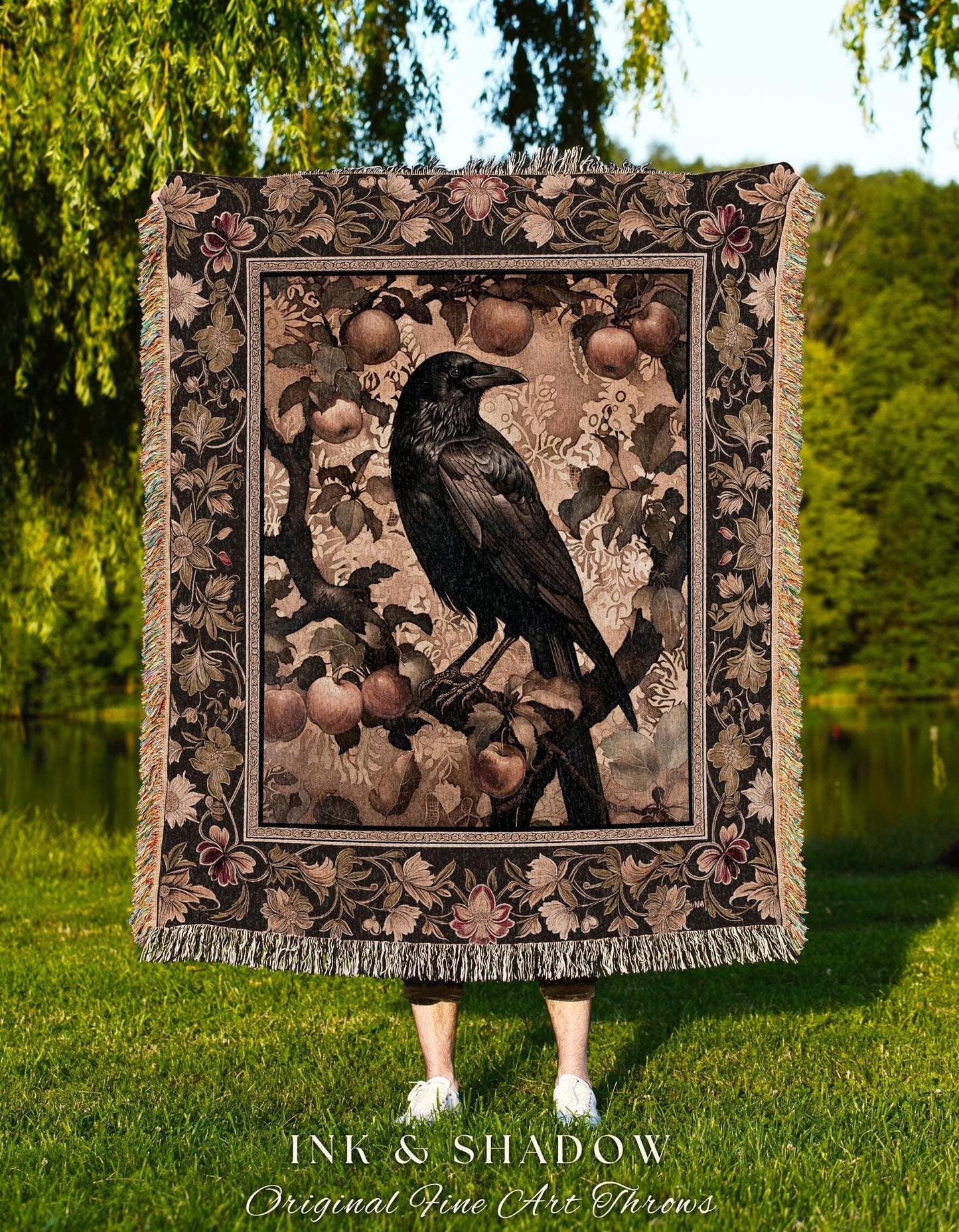 Ornate Antique Gold Baroque Raven Forestcore Fruit Tree Woodland Tapestry Throw | Enchanting Gothic Crowcore Mystical Victorian Cottagecore