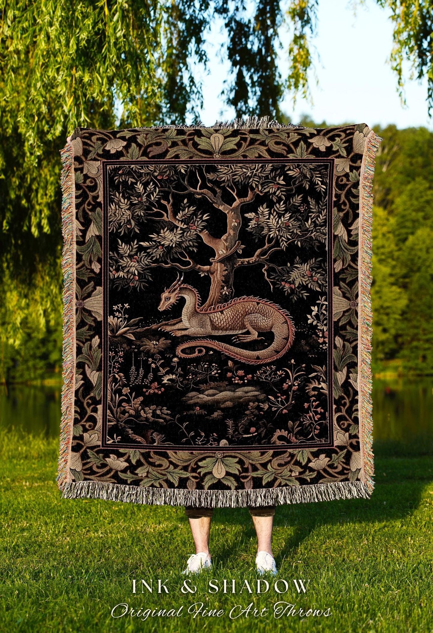 Bohemian Dragon Blanket Artistic Escape Academia Baroque Inspired Tapestry Throw, Ethereal Gothic Enchanting Art Nouveau Antique Style Decor