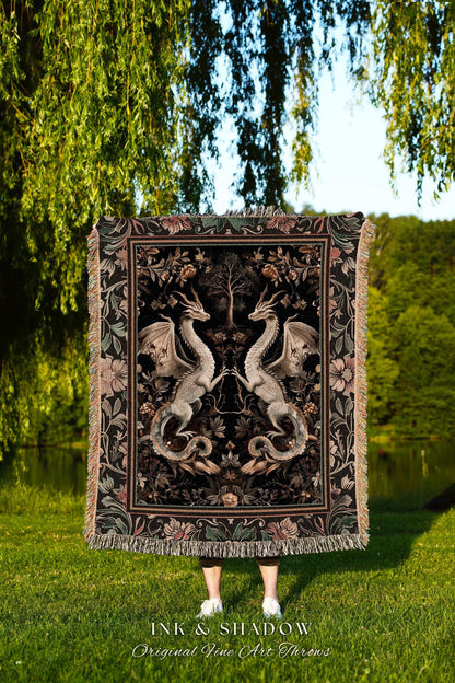 Fantasy Inspired Dragon Throw Victorian Gothic Enchanted Medieval Decor | Mystic Whimsigothic Tapestry Blanket Dark Academia Fantasy Art