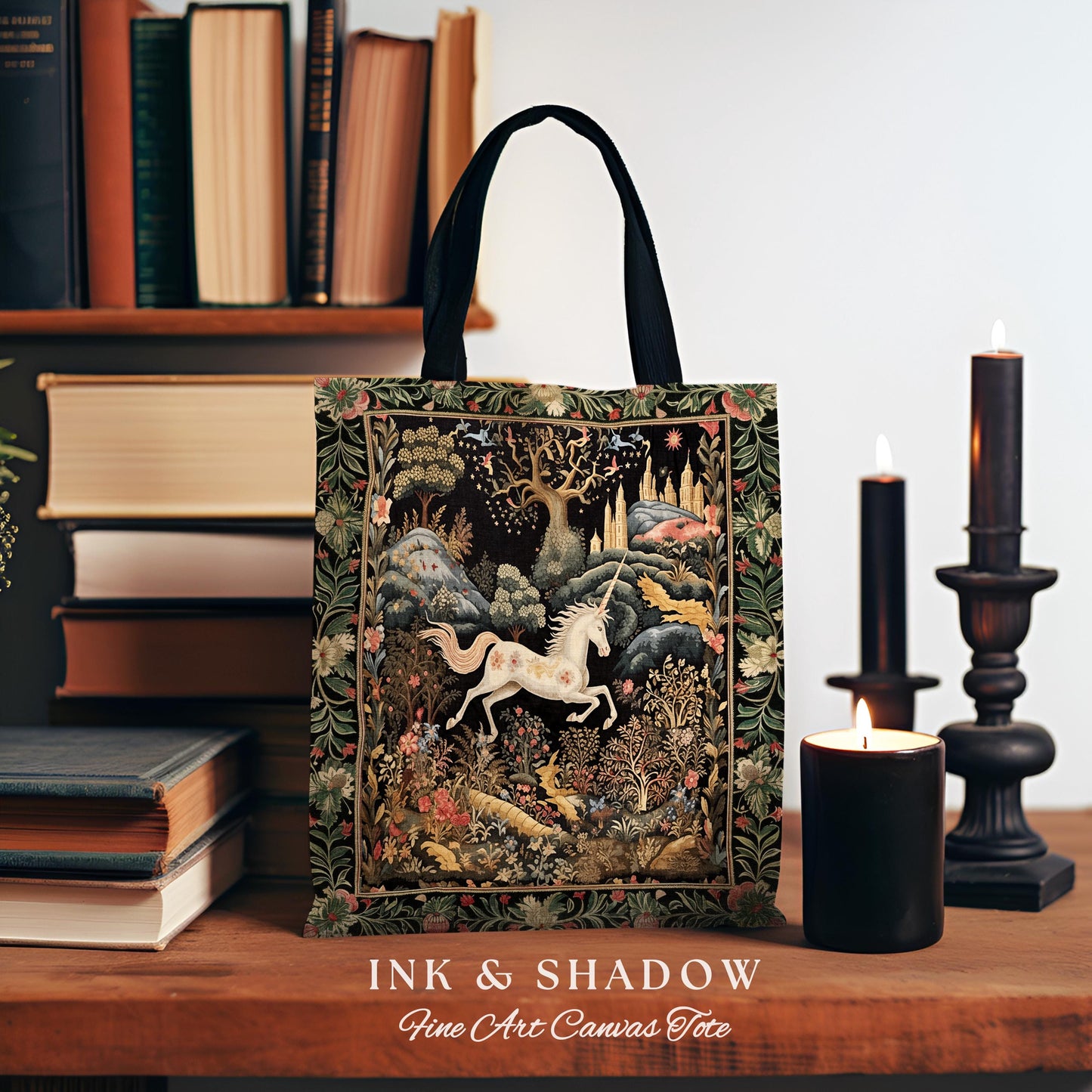 Fairytale Unicorn Tapestry Tote Mystical Folklore Aesthetic Whimsical Forestcore Accessory, Fairycore Cottagecore Magic Woodland Woven Bag