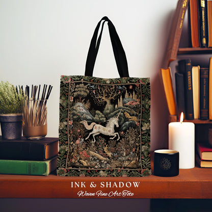 Fairytale Unicorn Tapestry Tote Mystical Folklore Aesthetic Whimsical Forestcore Accessory, Fairycore Cottagecore Magic Woodland Woven Bag
