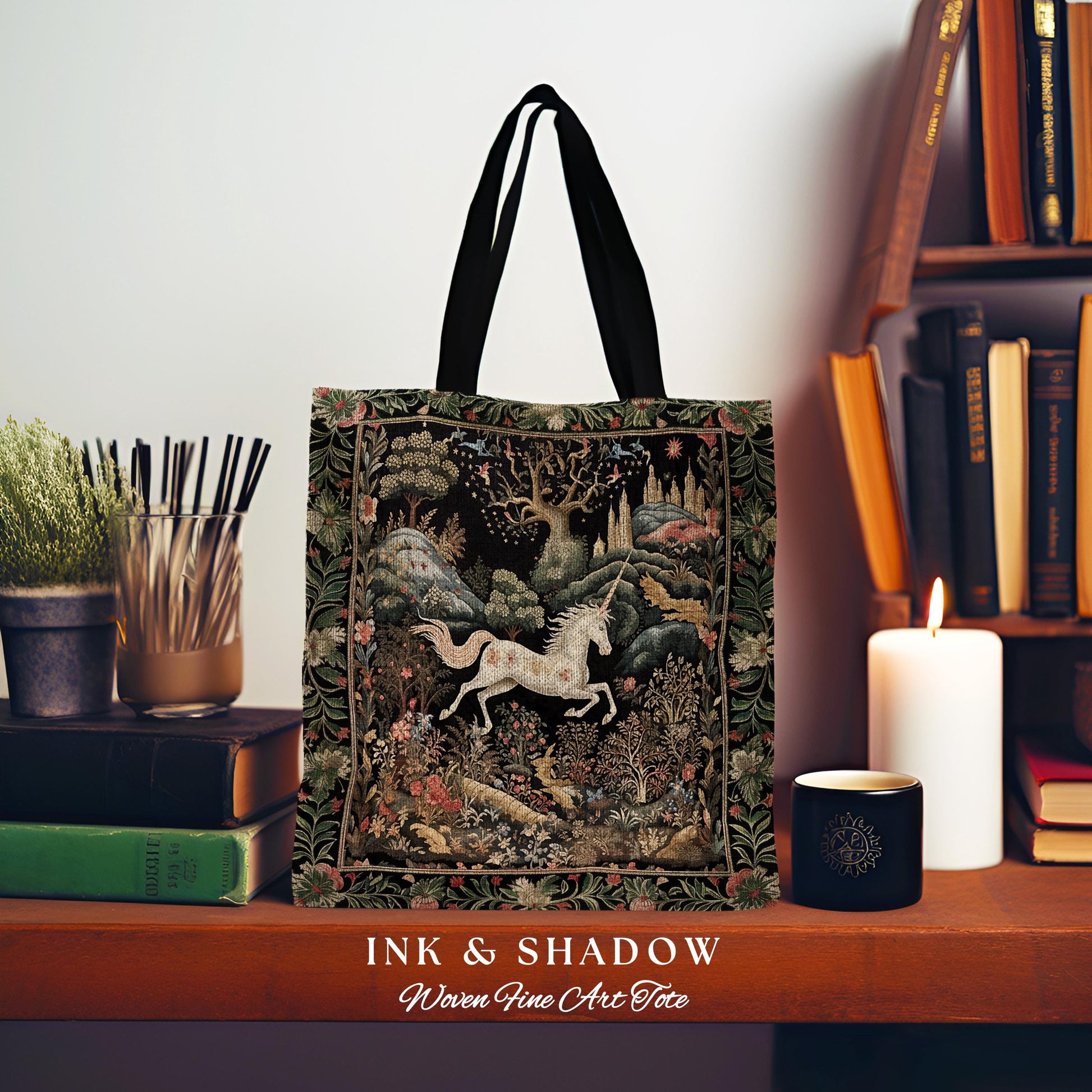 Fairytale Unicorn Tapestry Tote Mystical Folklore Aesthetic Whimsical Forestcore Accessory, Fairycore Cottagecore Magic Woodland Woven Bag