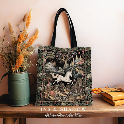Fairytale Unicorn Tapestry Tote Mystical Folklore Aesthetic Whimsical Forestcore Accessory, Fairycore Cottagecore Magic Woodland Woven Bag