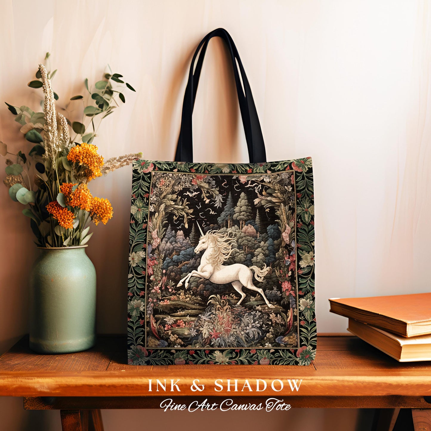 Whimsical Folklore Unicorn Tote Mystical Botanical Cottagecore Accessory, Morris Style Fairycore Art Princesscore Style Woven Tapestry Bag