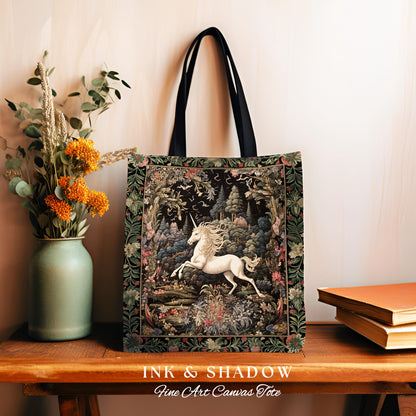 Whimsical Folklore Unicorn Tote Mystical Botanical Cottagecore Accessory, Morris Style Fairycore Art Princesscore Style Woven Tapestry Bag