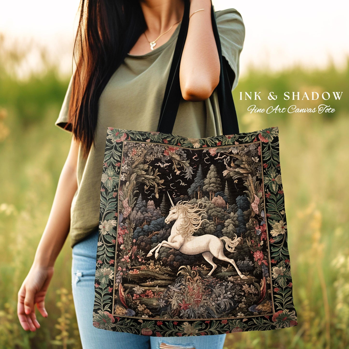 Whimsical Folklore Unicorn Tote Mystical Botanical Cottagecore Accessory, Morris Style Fairycore Art Princesscore Style Woven Tapestry Bag
