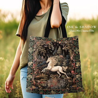 Whimsical Folklore Unicorn Tote Mystical Botanical Cottagecore Accessory, Morris Style Fairycore Art Princesscore Style Woven Tapestry Bag
