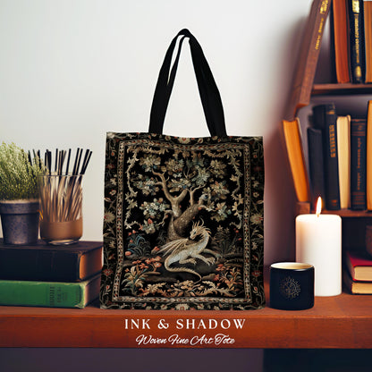 Fantasy Inspired Dragon Tote Dark Academia Book Nook Bag | Gothic Maximalist Aesthetic Fairytale Magical Forestcore Tapestry Woven Accessory