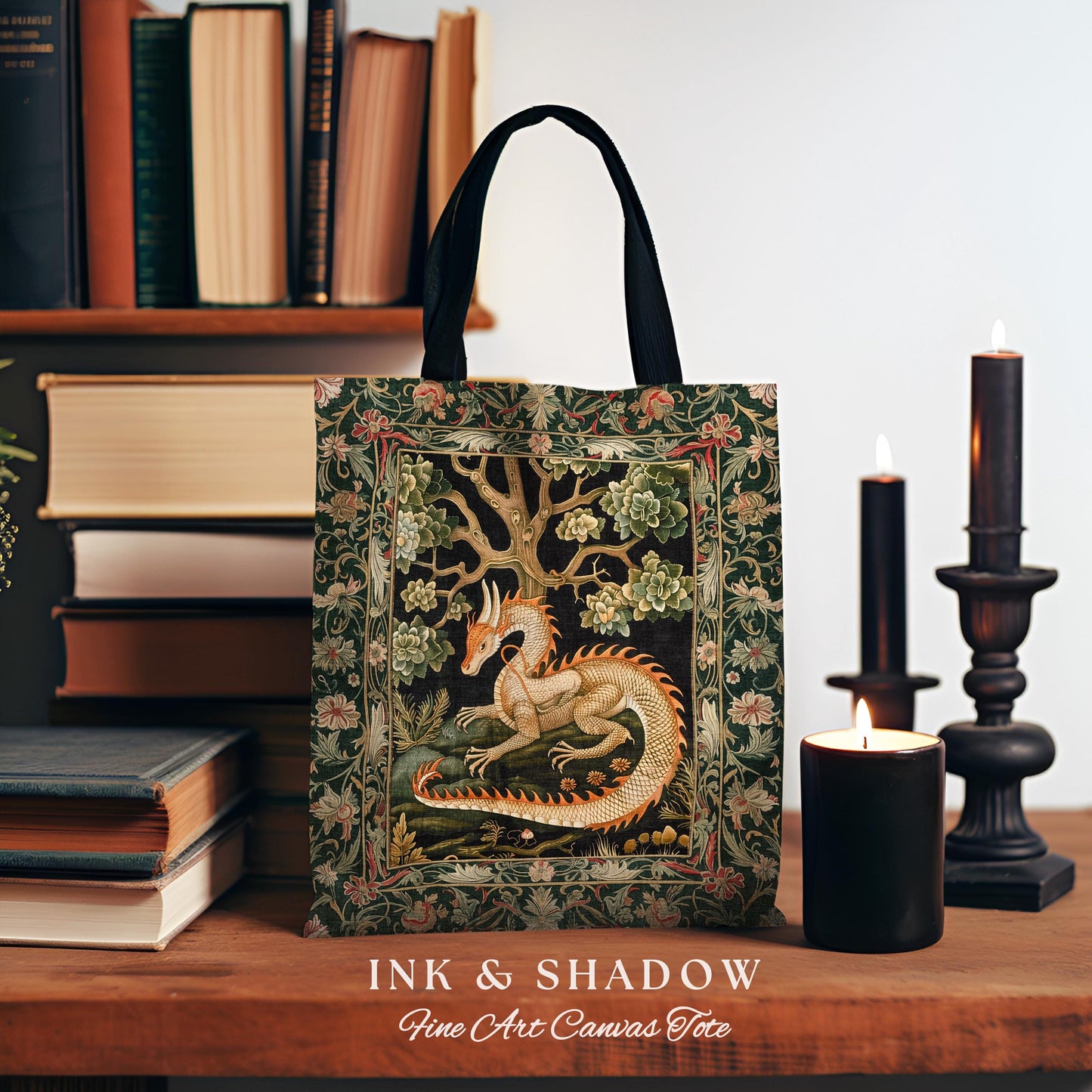 Medieval Dragon Tote Enchanted Forest Fantasy Art Accessory, Victorian Gothic Cottagecore Tapestry Bag Whimsical Mythical Woodland Accent