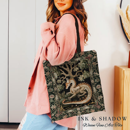 Medieval Dragon Tote Enchanted Forest Fantasy Art Accessory, Victorian Gothic Cottagecore Tapestry Bag Whimsical Mythical Woodland Accent