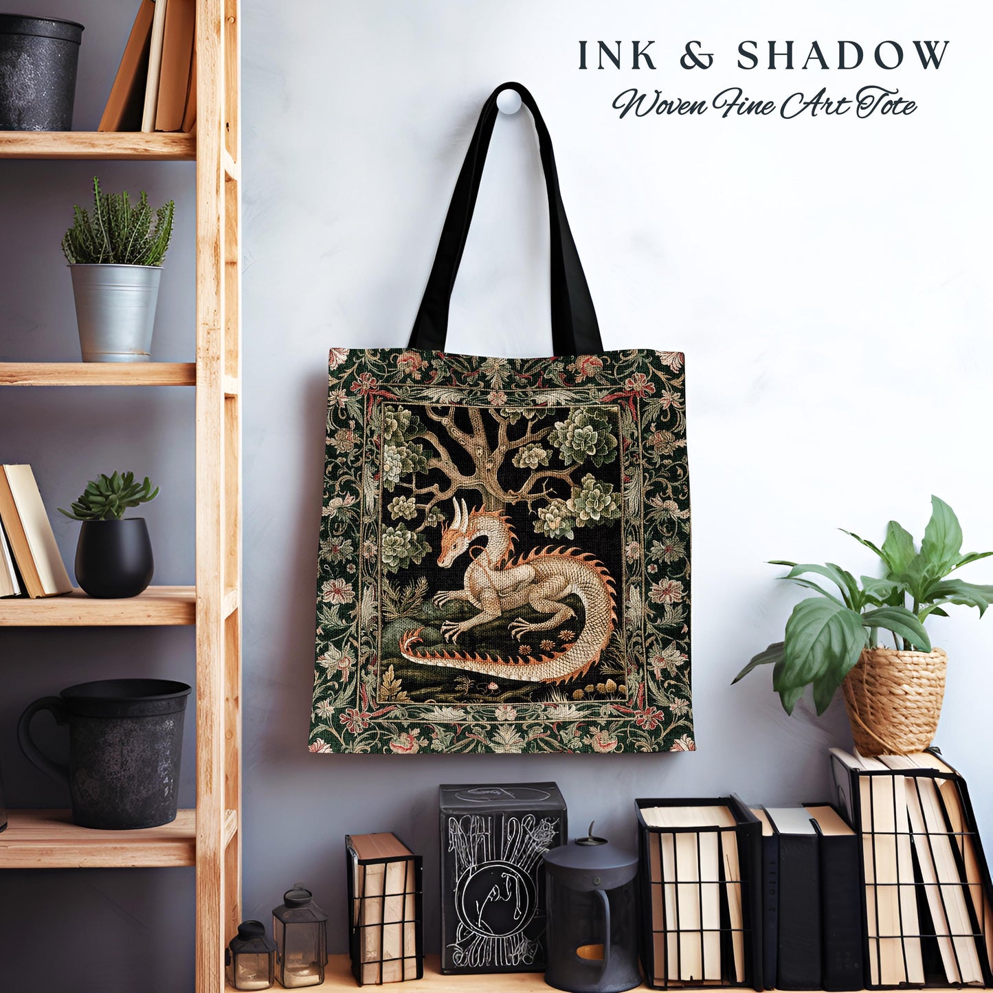 Medieval Dragon Tote Enchanted Forest Fantasy Art Accessory, Victorian Gothic Cottagecore Tapestry Bag Whimsical Mythical Woodland Accent