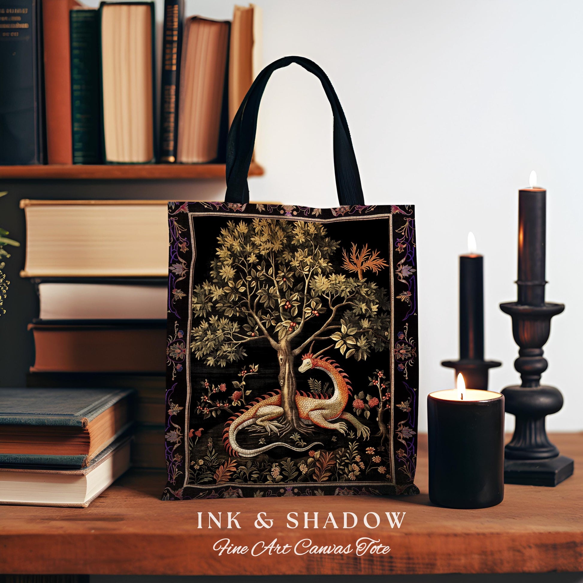 Goblincore Dragon Tapestry Tote Medieval Fairytale Inspired Woodland Accessory, Morris Style Forest Cottagecore Fairycore Woven Gothic Bag