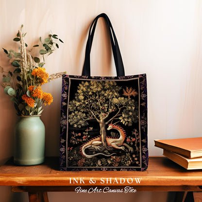 Goblincore Dragon Tapestry Tote Medieval Fairytale Inspired Woodland Accessory, Morris Style Forest Cottagecore Fairycore Woven Gothic Bag