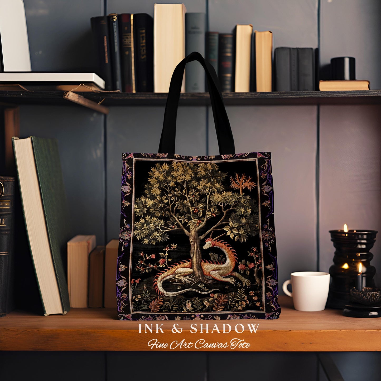 Goblincore Dragon Tapestry Tote Medieval Fairytale Inspired Woodland Accessory, Morris Style Forest Cottagecore Fairycore Woven Gothic Bag