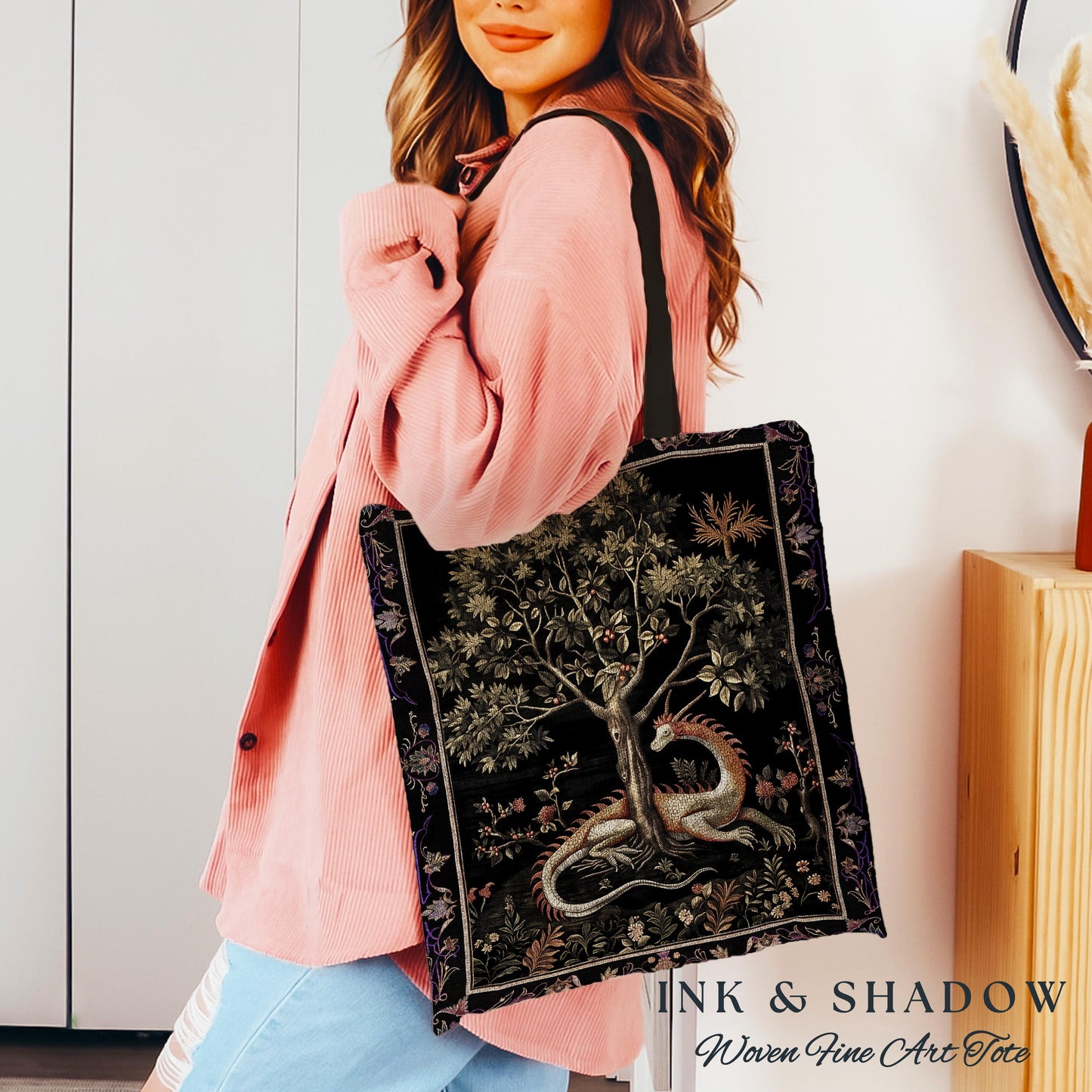 Goblincore Dragon Tapestry Tote Medieval Fairytale Inspired Woodland Accessory, Morris Style Forest Cottagecore Fairycore Woven Gothic Bag