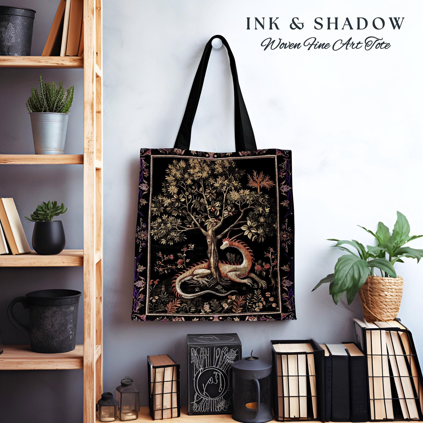 Goblincore Dragon Tapestry Tote Medieval Fairytale Inspired Woodland Accessory, Morris Style Forest Cottagecore Fairycore Woven Gothic Bag