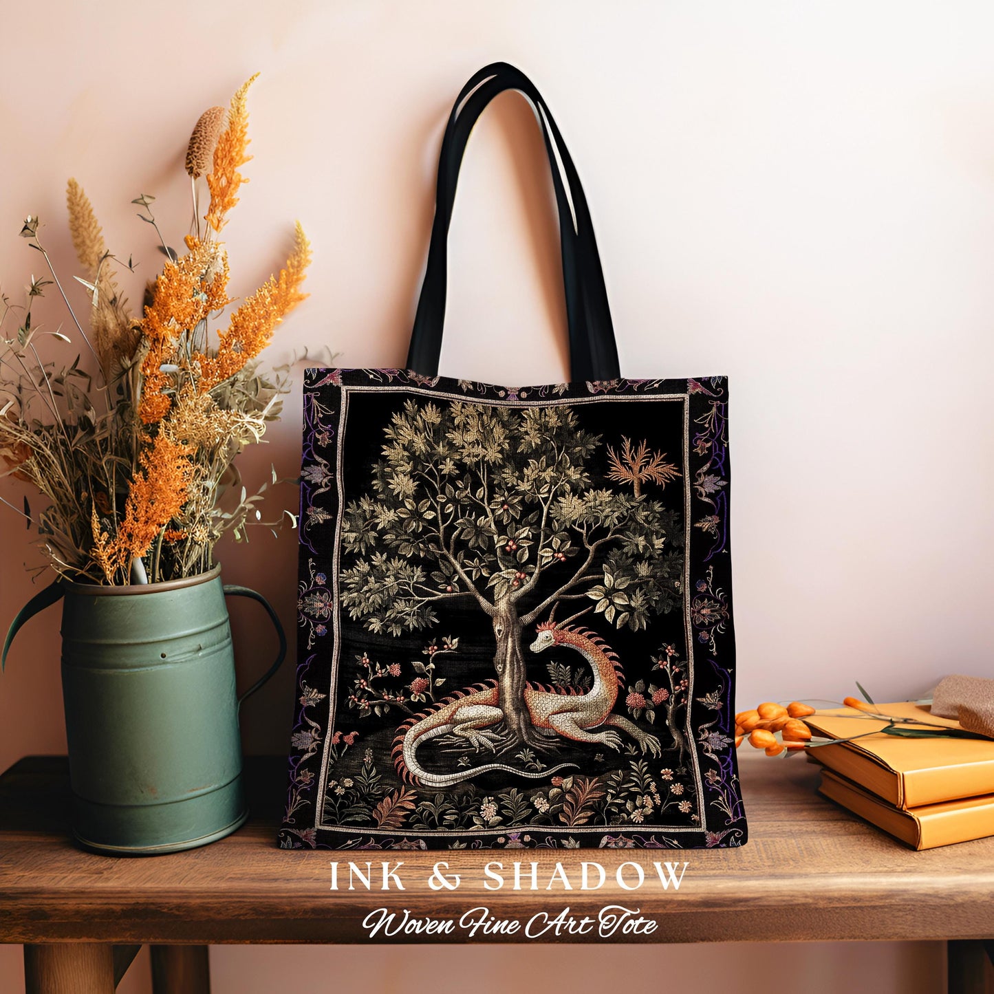 Goblincore Dragon Tapestry Tote Medieval Fairytale Inspired Woodland Accessory, Morris Style Forest Cottagecore Fairycore Woven Gothic Bag