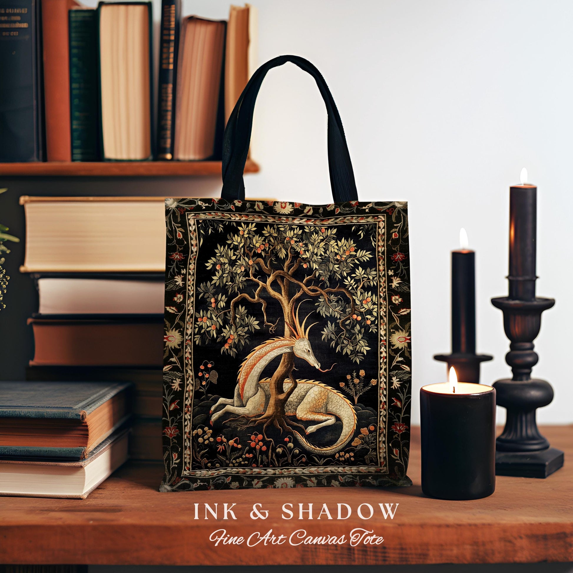 Folklore Dragon Tote Mystical Medieval Style Cottagecore Accessory, Botanical Fairytale Forest Gothic Woodland Fairycore Woven Tapestry Bag