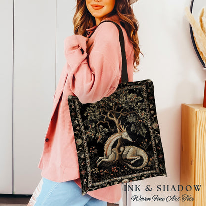 Folklore Dragon Tote Mystical Medieval Style Cottagecore Accessory, Botanical Fairytale Forest Gothic Woodland Fairycore Woven Tapestry Bag