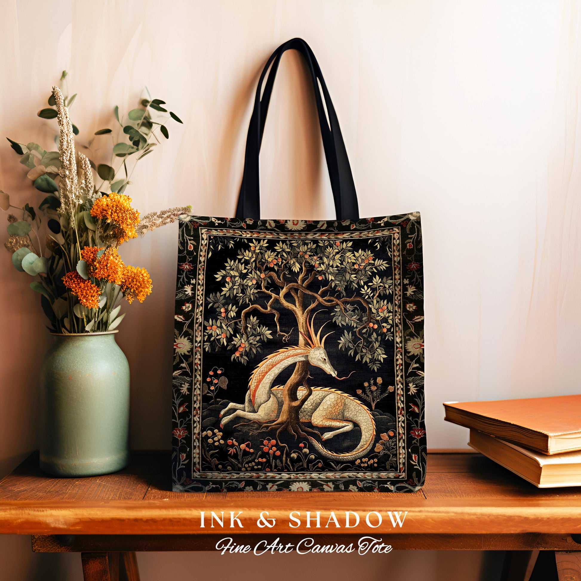 Folklore Dragon Tote Mystical Medieval Style Cottagecore Accessory, Botanical Fairytale Forest Gothic Woodland Fairycore Woven Tapestry Bag