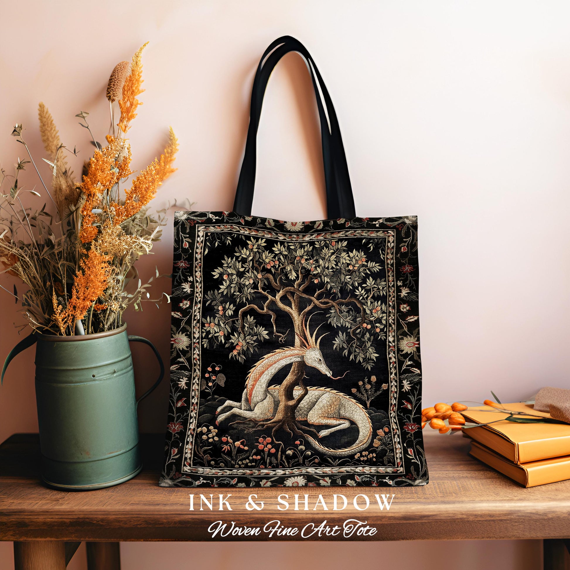 Folklore Dragon Tote Mystical Medieval Style Cottagecore Accessory, Botanical Fairytale Forest Gothic Woodland Fairycore Woven Tapestry Bag