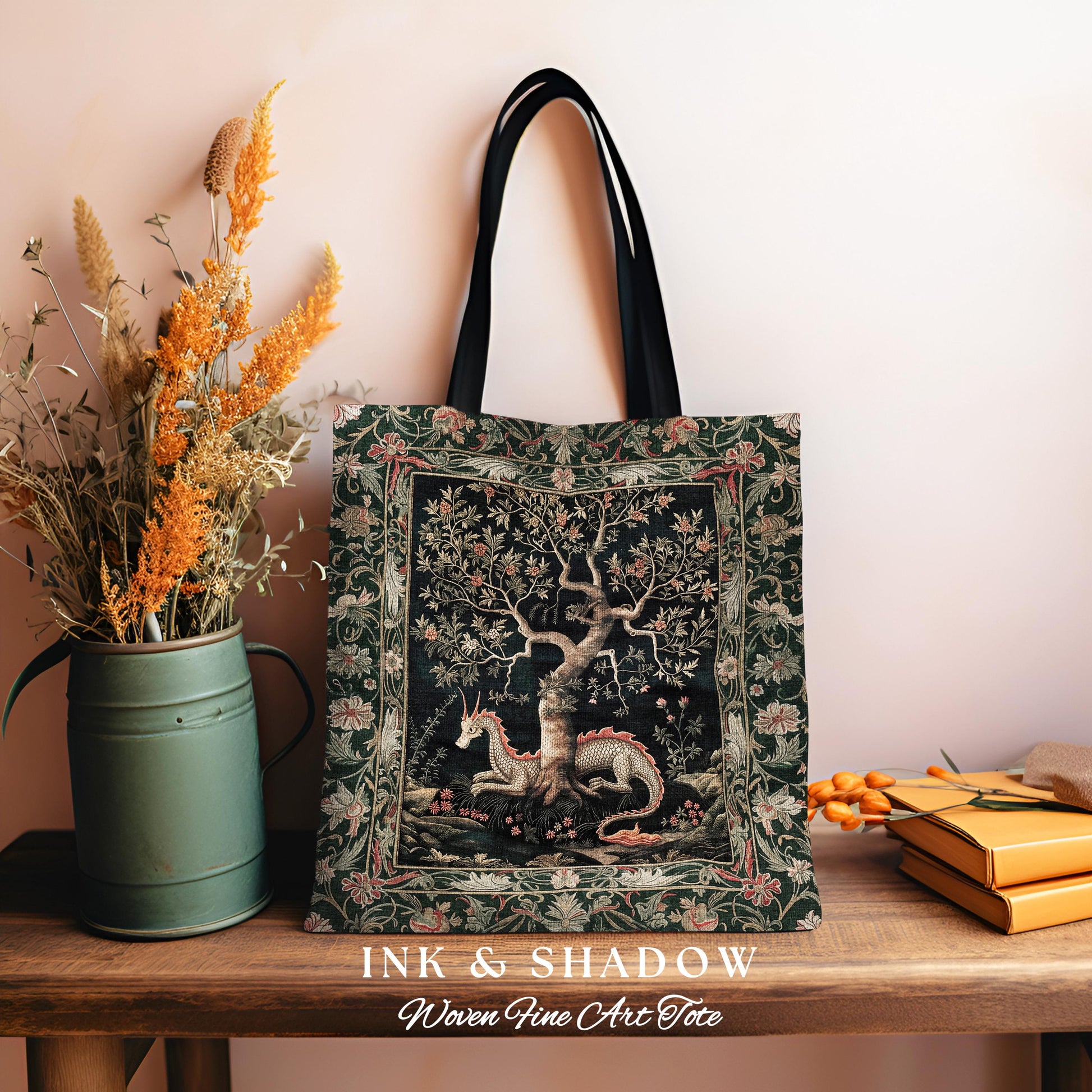 Maximalist Aesthetic Dragon Tote Fairytale Inspired Accessories, Medieval Cottagecore Style Botanical Tapestry Bag Whimsical Fairycore Art