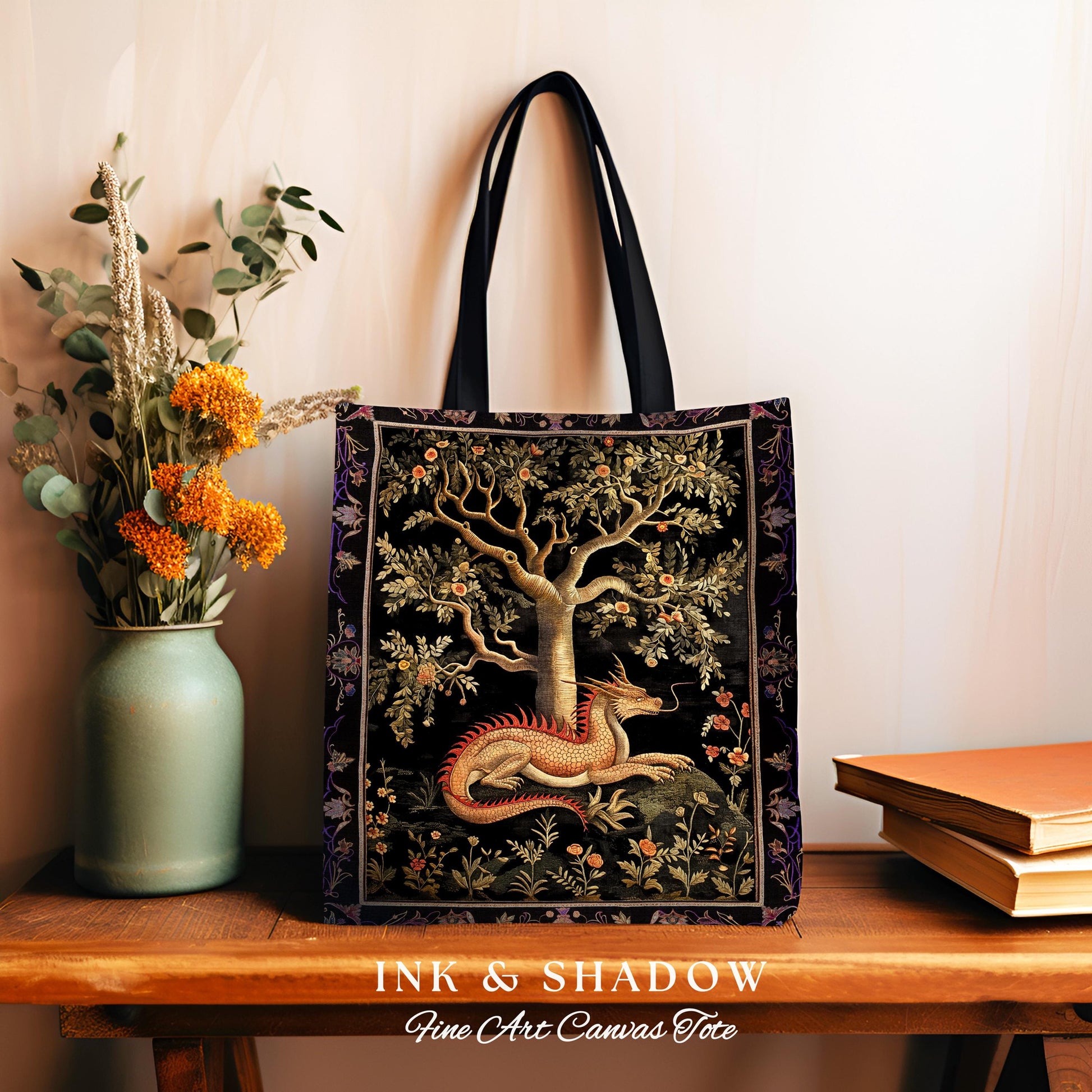 Antique Mystic Red Dragon Forestcore Medieval Fairytale Inspired Tote, Magic Dark Cottagecore Fairy Grunge Goblinecore Tapestry Woven Bag