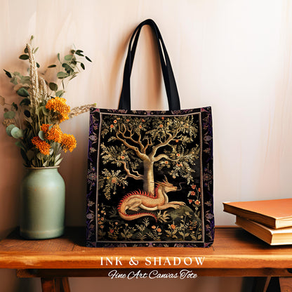 Antique Mystic Red Dragon Forestcore Medieval Fairytale Inspired Tote, Magic Dark Cottagecore Fairy Grunge Goblinecore Tapestry Woven Bag