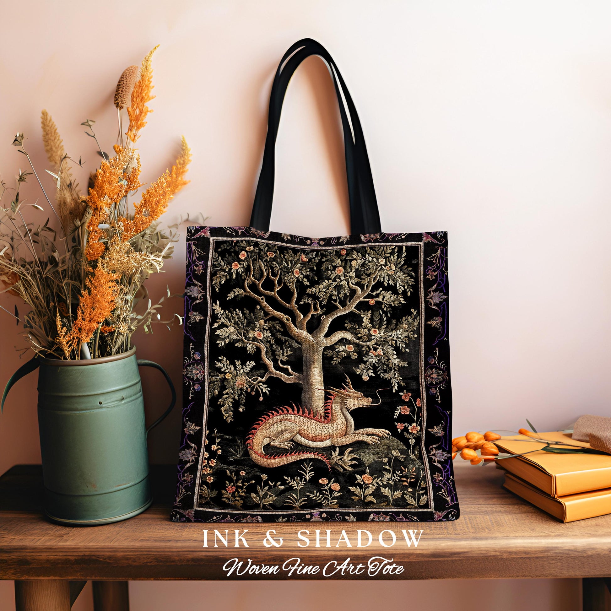 Antique Mystic Red Dragon Forestcore Medieval Fairytale Inspired Tote, Magic Dark Cottagecore Fairy Grunge Goblinecore Tapestry Woven Bag