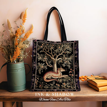 Antique Mystic Red Dragon Forestcore Medieval Fairytale Inspired Tote, Magic Dark Cottagecore Fairy Grunge Goblinecore Tapestry Woven Bag
