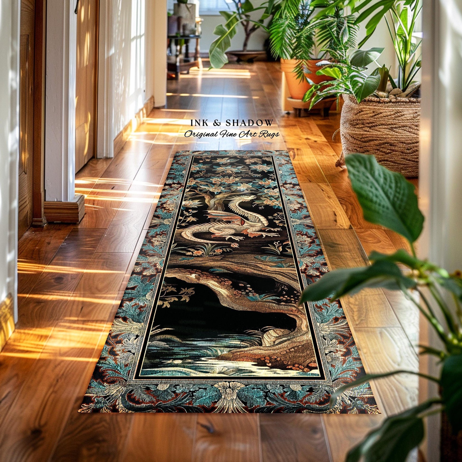 Dark Nature Enchanting Dragon Art Exotic Home Decor Mystical Fantasy Dragon Runner Rug | Ethereal Woodland Magical Creature Goblincore Rugs