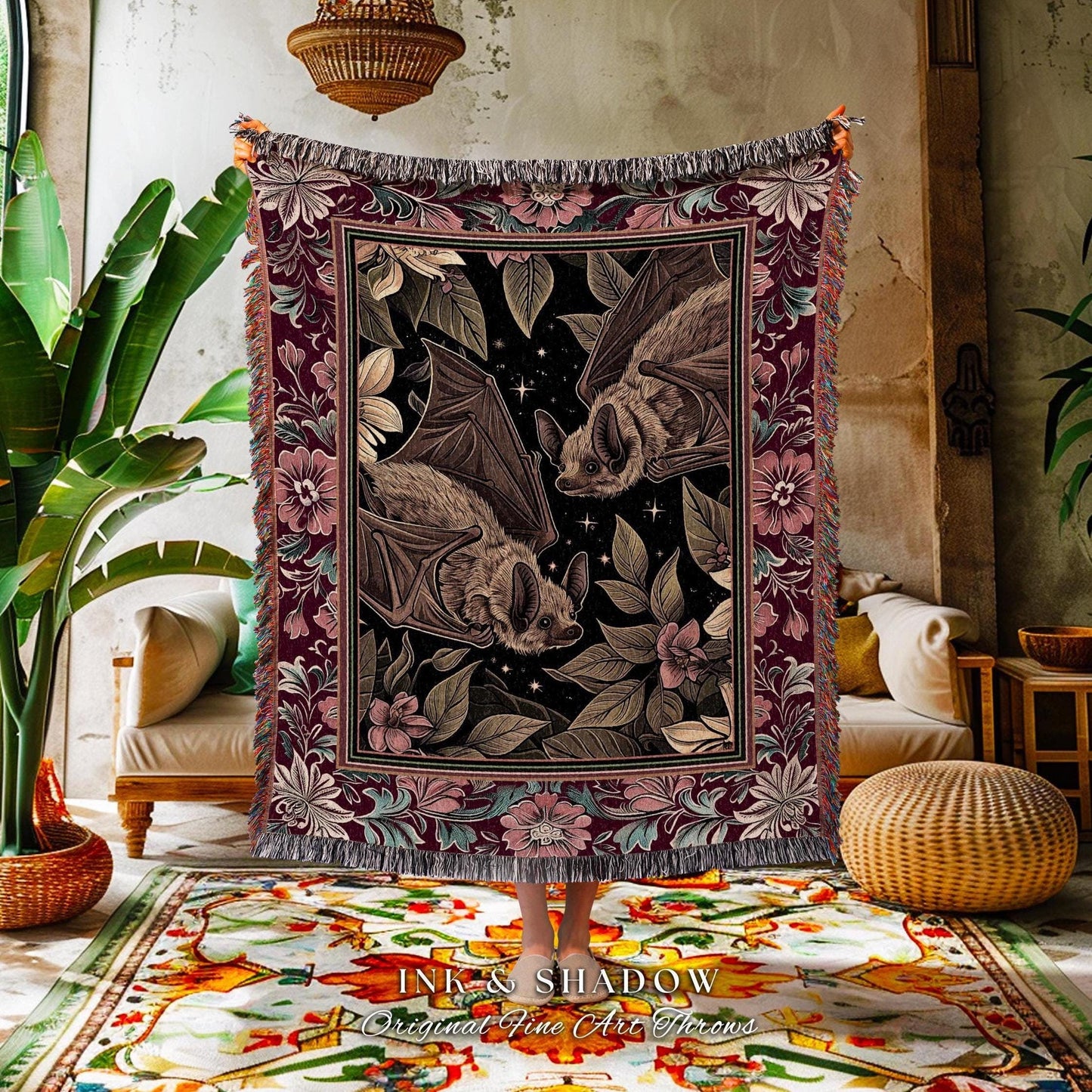 Romantic Victorian Gothic Bat Blanket Whimsical Dark Floral Baroque Forestcore | Ethereal Botanical Woodland Cottagecore Art Tapestry Throw