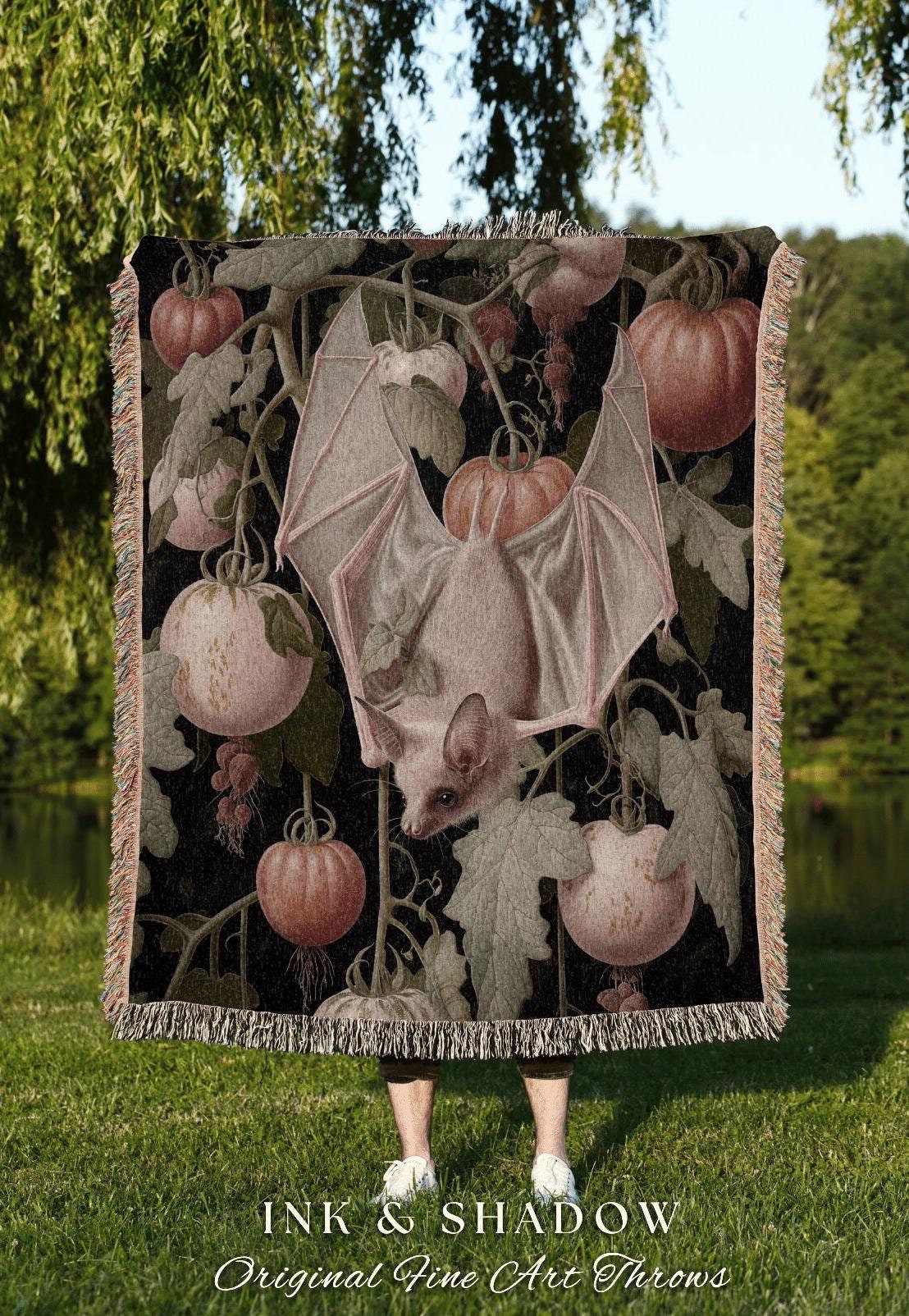 Ethereal Botanical Bat Blanket Woven | Celestial Tapestry Woven Blanket Victorian Gothic Bedroom Decor Dark Woodland Botanical Gothic Room |