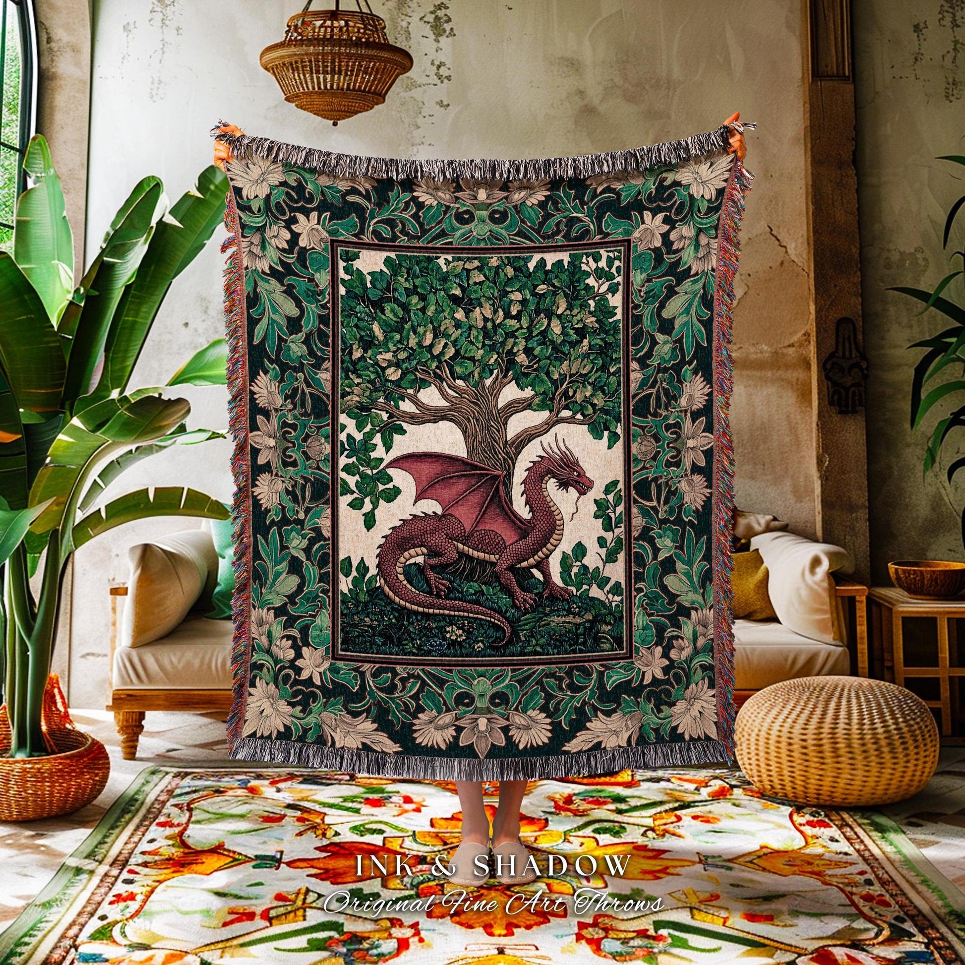 Medieval Woodland Dragon Throw Blanket | Botanical Goblincore Bedroom Whimsigothic Style Fairycore Cottagecore Aesthetic Moody Dark Academia