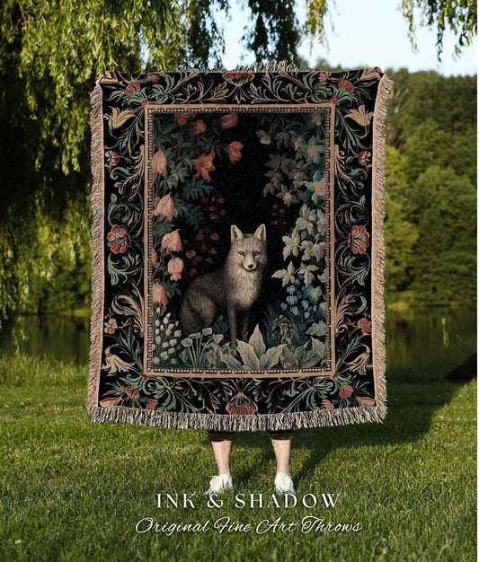 Grey Fox Mystic Bedroom Throw | Cottagegoth Room Decor Morris Inspired Forest Aesthetic Fairycore Gothic Dorm Tapestry Ethereal Blanket |