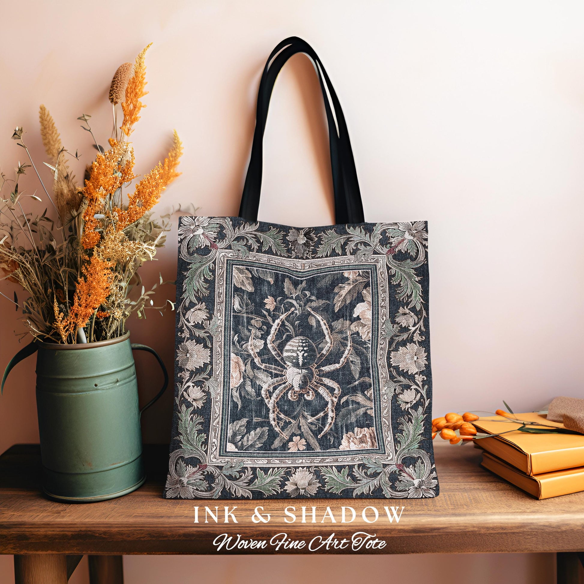 Victorian Gothic Spider Tapestry Tote Dark Academia Botanical Bag | Whimsical French Baroque Enchanted Forestcore Art Aesthetic Whimsigothic