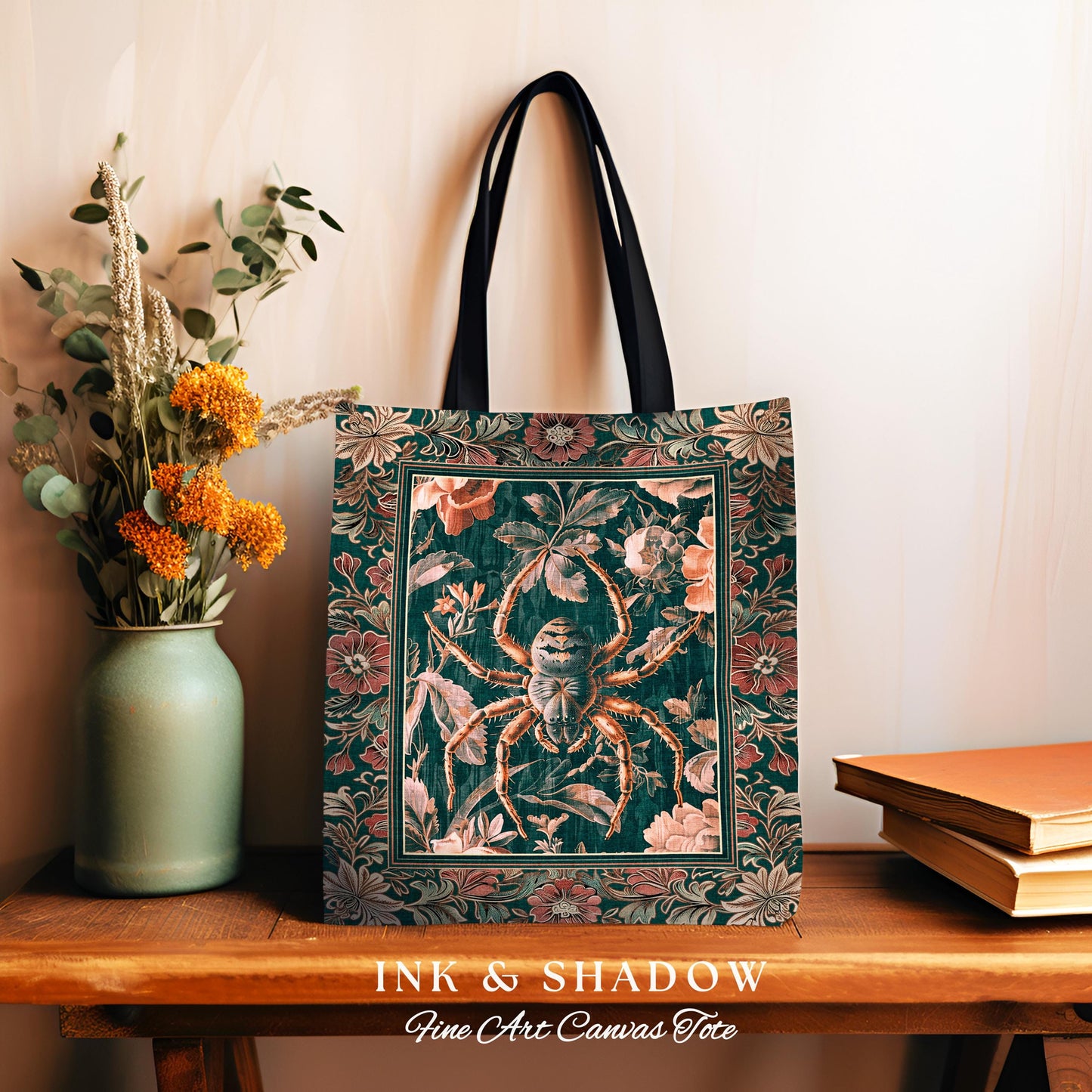 Antiqued Rose Spider Bag Enchanted Gothic Floral Forestcore Tapestry Tote | Victorian Dark Academia Arachnid Vintage Baroque Art Dark Floral